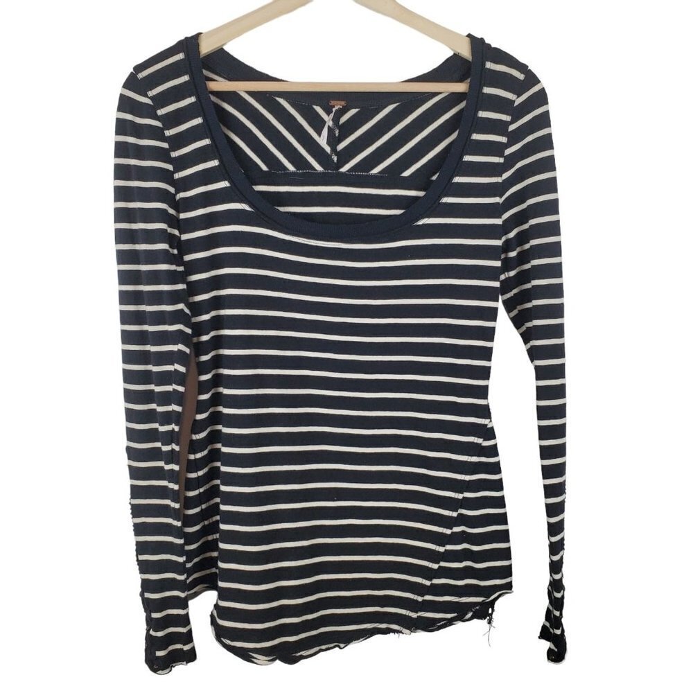 Free People Shirt Womens Small S Black White Stripe Crochet cuff Exposed Seams